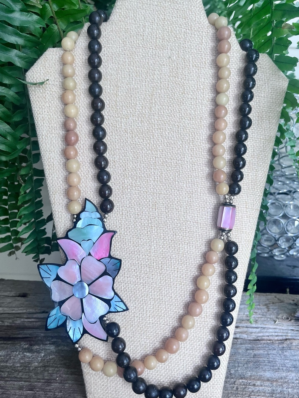 Pink and Blue Floral Pendant Beaded Necklace